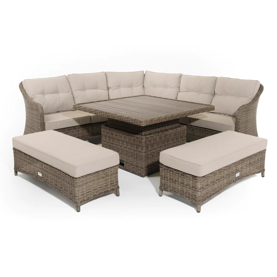 Kensington Brown Rattan Corner Sofa Garden Set With Rising Coffee To Dining Table