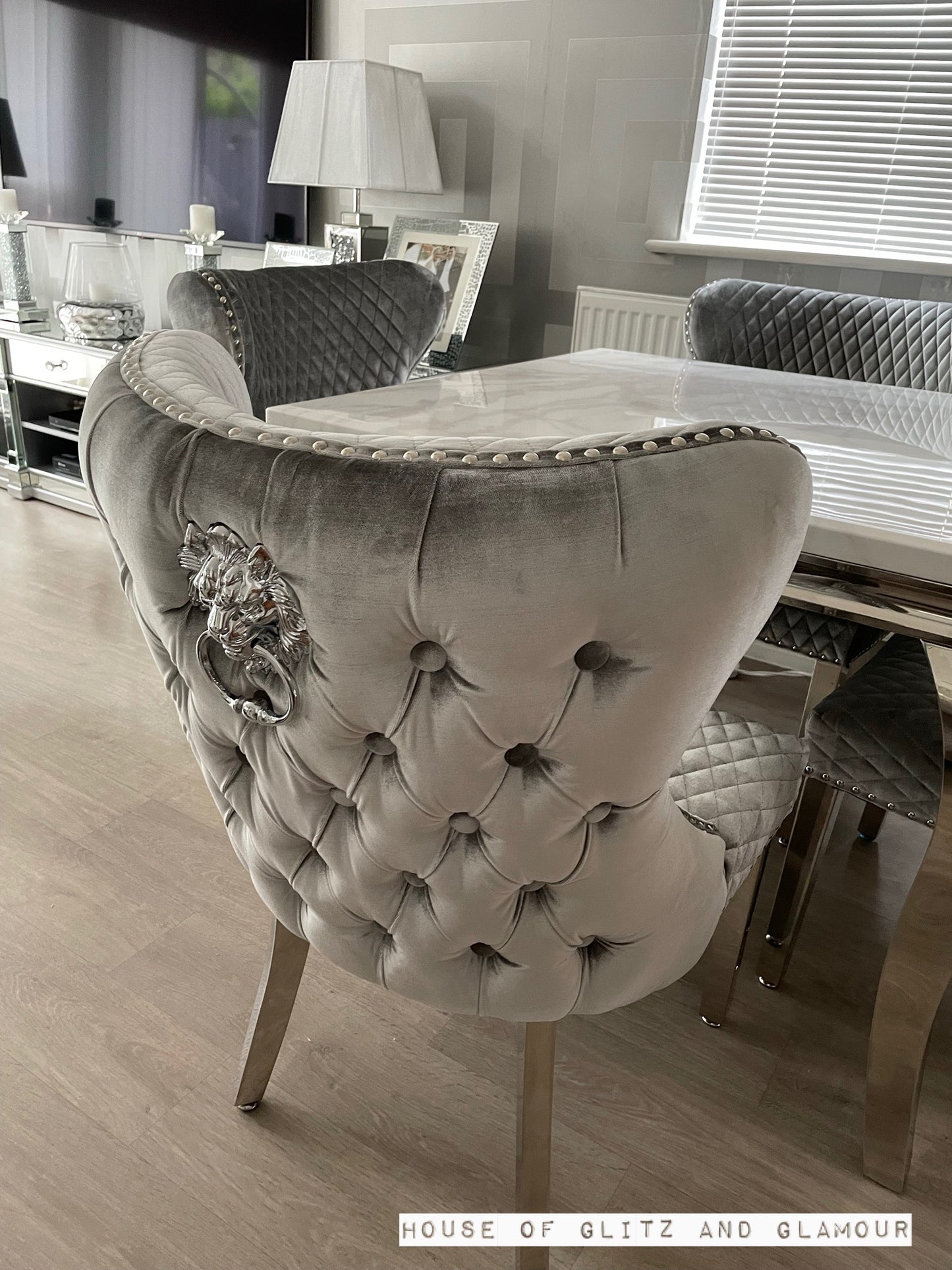 Valentina Brushed Silver Velvet Lion Knocker Dining Chair