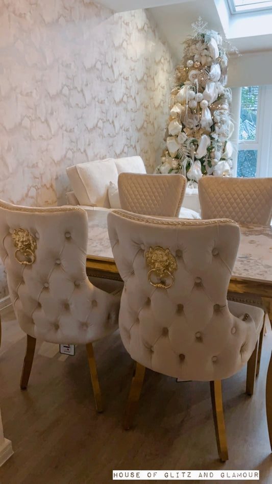 Louis Cream & Gold Pandora Dining Table With Gold Legs Sintered  Top + 4 Cream Giselle Dining Chairs