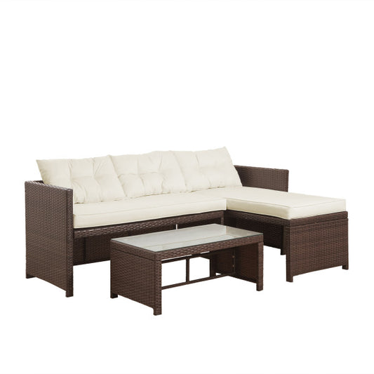 3 Pieces Wicker Sectional Conversation Set with Cushions - Brown/White