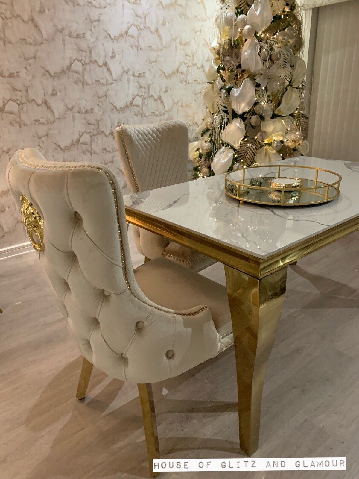 Louis Ice White And Grey Dining Table With Gold Legs Sintered  Top + 4 Cream Giselle Dining Chairs