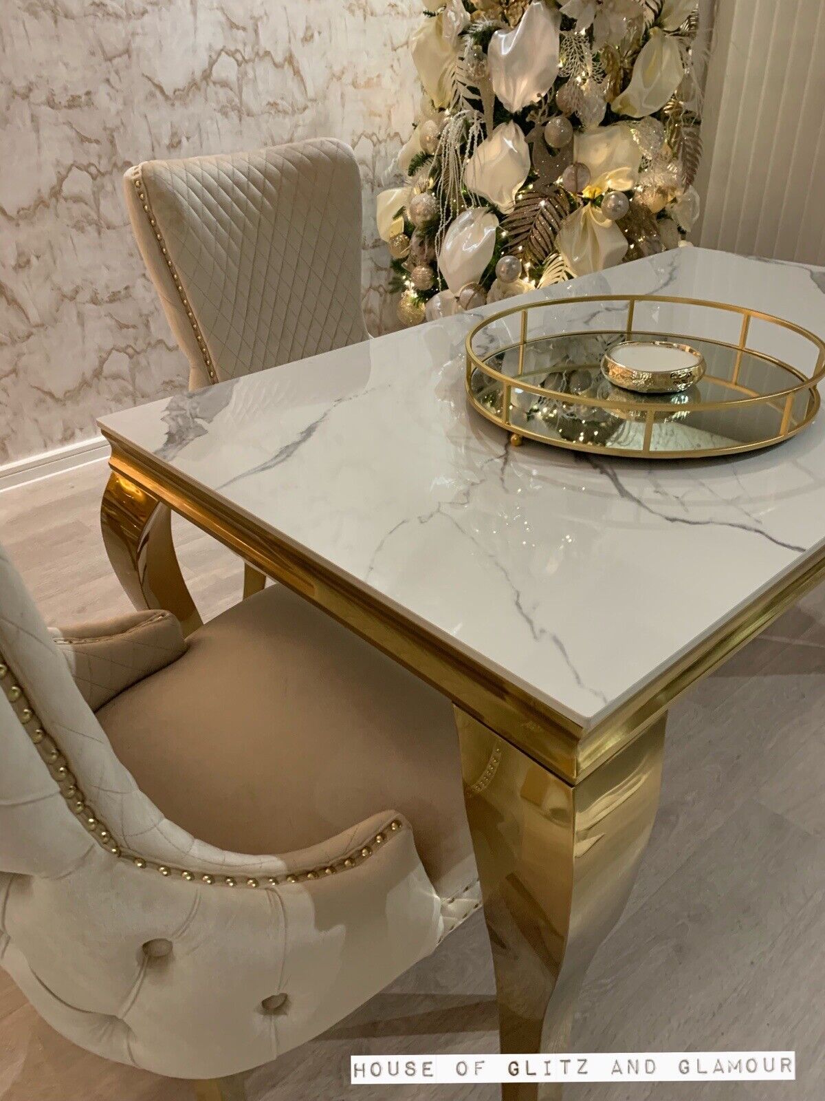 Louis Ice White And Grey Dining Table With Gold Legs Sintered  Top + 4 Cream Giselle Dining Chairs