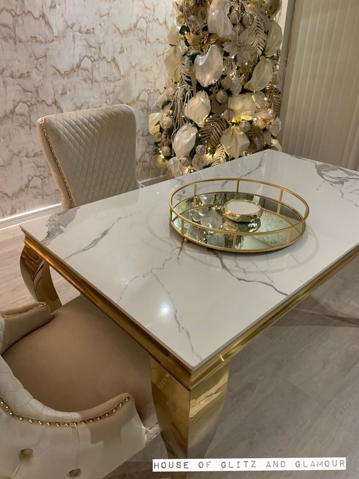 Louis Ice White And Grey Dining Table With Gold Legs Sintered  Top + 4 Cream Giselle Dining Chairs