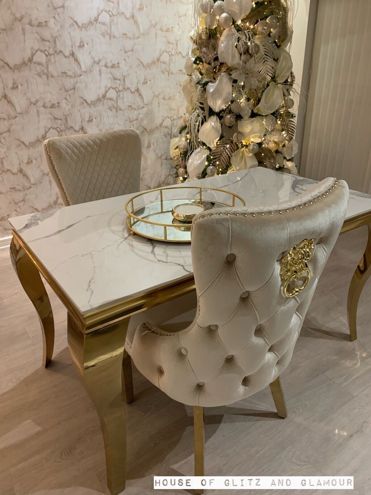 Louis Ice White And Grey Dining Table With Gold Legs Sintered  Top + 6 Cream Giselle Dining Chairs