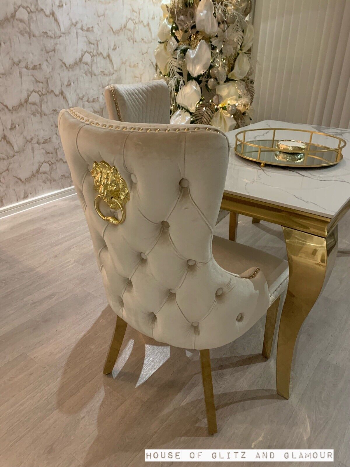 Louis Ice White And Grey Dining Table With Gold Legs Sintered  Top + 4 Cream Giselle Dining Chairs