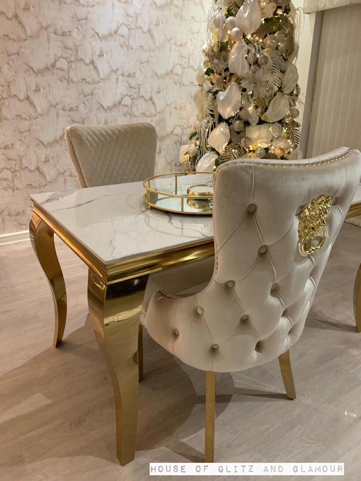 Louis Ice White And Grey Dining Table With Gold Legs Sintered  Top + 4 Cream Giselle Dining Chairs